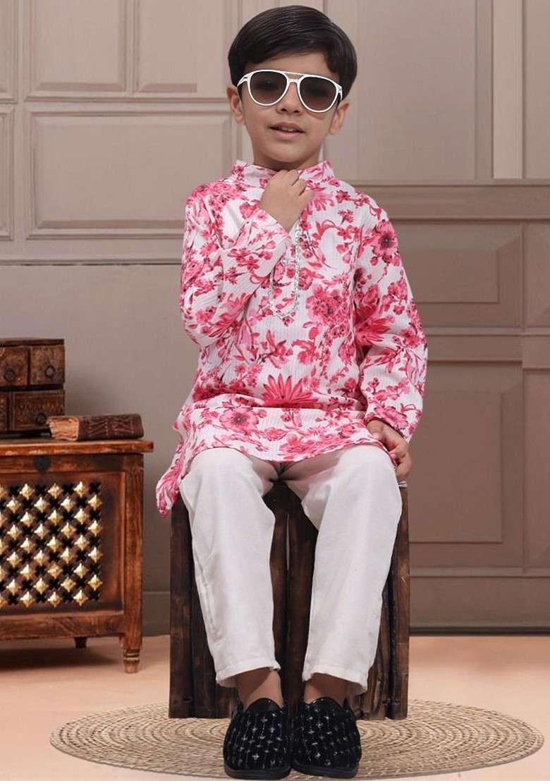 Pink Printed Blended Kurta Set For Boys - Indya