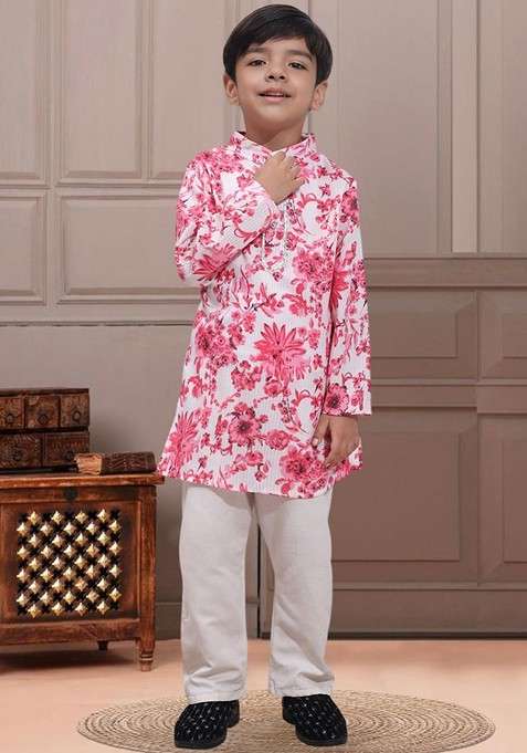 Pink Printed Blended Kurta Set For Boys