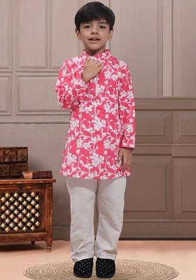 Pink Printed Blended Kurta Set For Boys