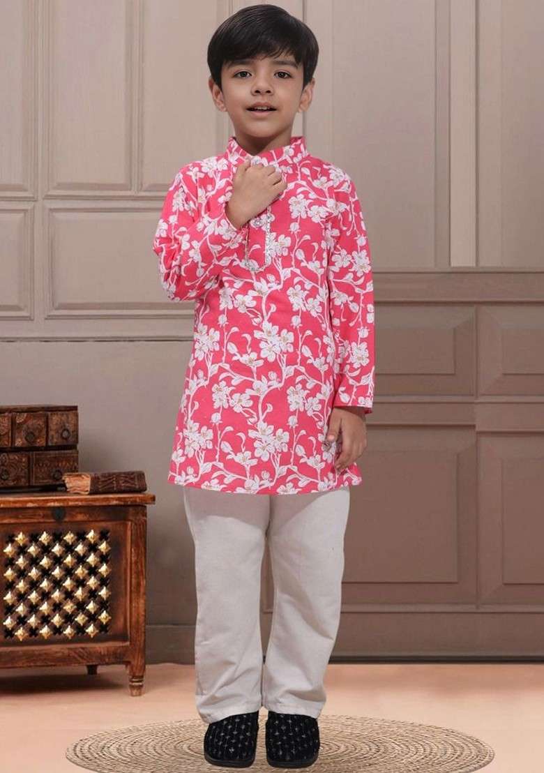 Pink Printed Blended Kurta Set For Boys - Indya