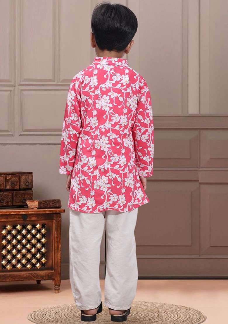 Pink Printed Blended Kurta Set For Boys - Indya