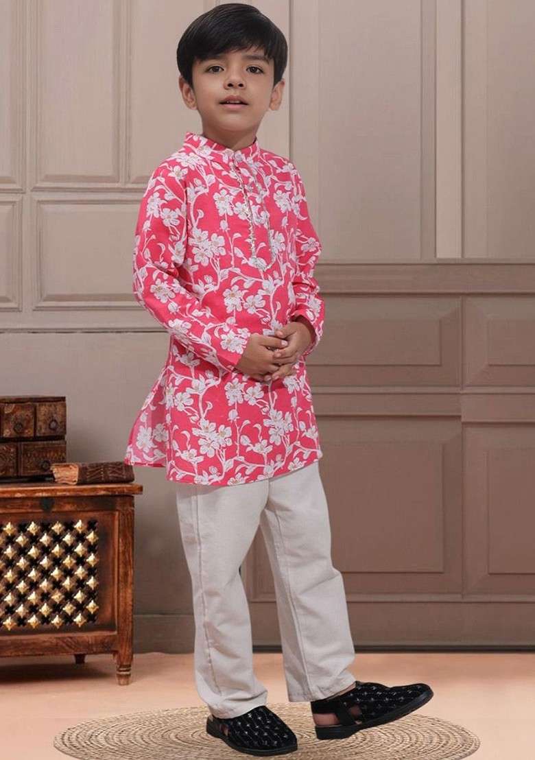 Pink Printed Blended Kurta Set For Boys - Indya