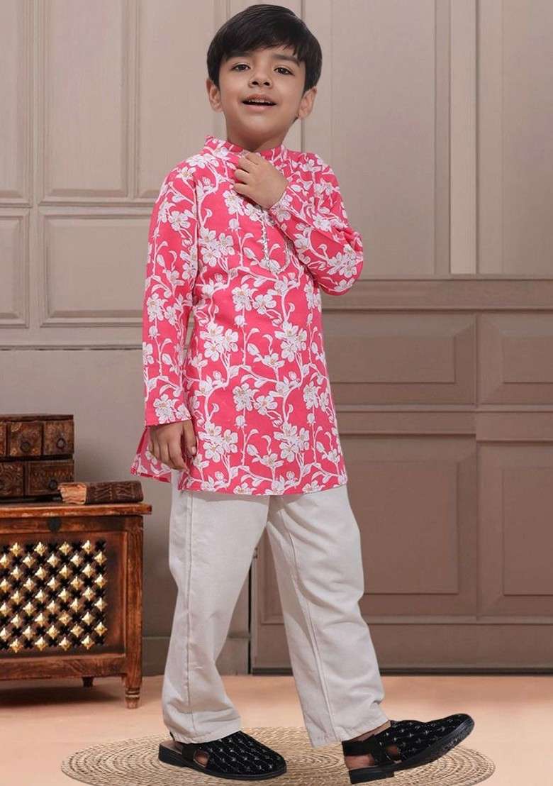 Pink Printed Blended Kurta Set For Boys - Indya