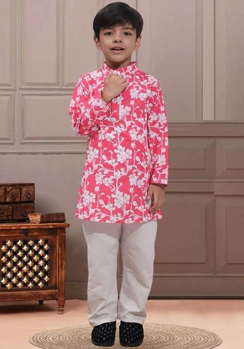 Pink Printed Blended Kurta Set For Boys