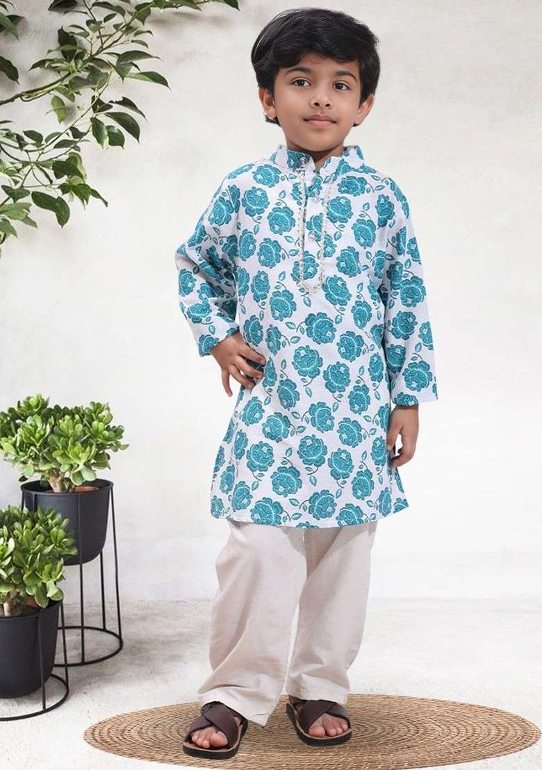 Teal Printed Blended Kurta Set For Boys - Indya