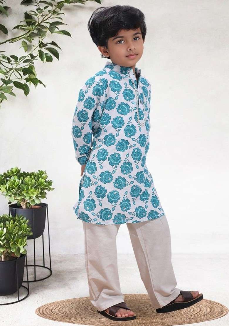 Teal Printed Blended Kurta Set For Boys - Indya