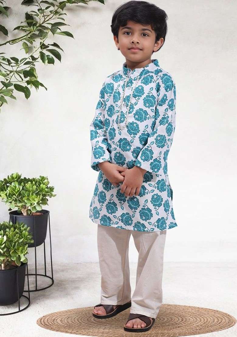 Teal Printed Blended Kurta Set For Boys - Indya