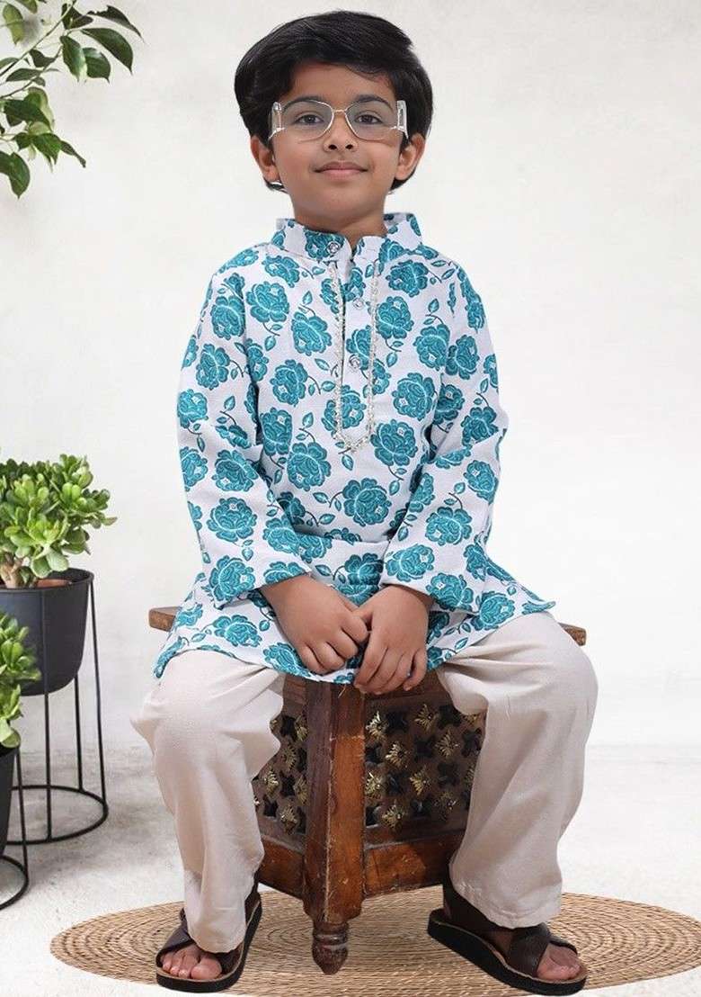 Teal Printed Blended Kurta Set For Boys - Indya