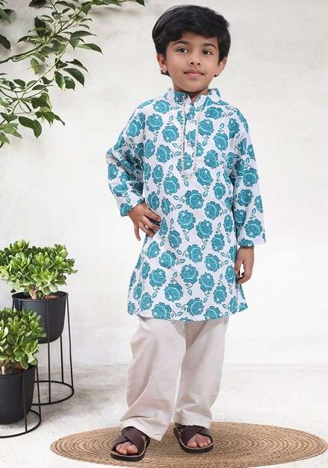 Teal Printed Blended Kurta Set For Boys