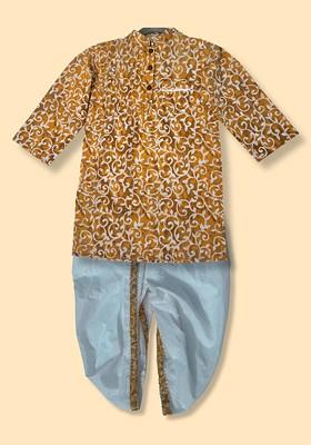 Yellow Printed Cotton Kurta Dhoti Set For Boys