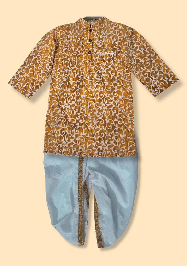 Yellow Printed Cotton Kurta Dhoti Set For Boys - Indya