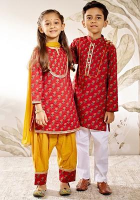Red Printed Cotton Kurta Set For Boys
