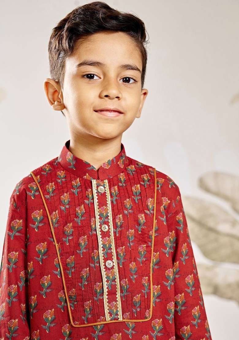 Red Printed Cotton Kurta Set For Boys - Indya