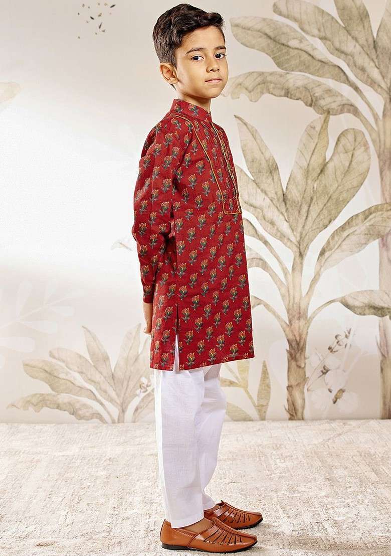 Red Printed Cotton Kurta Set For Boys - Indya