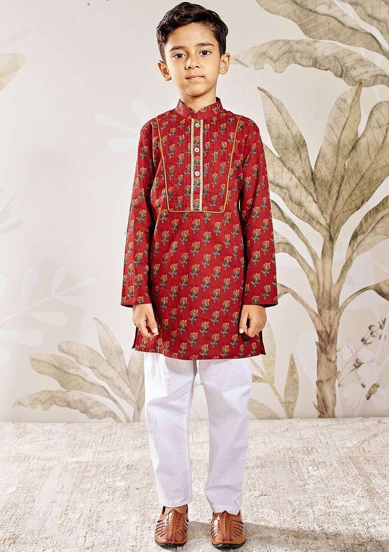 Red Printed Cotton Kurta Set For Boys - Indya