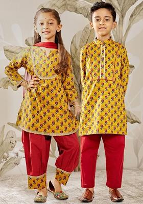 Mustard Printed Cotton Kurta Set For Boys