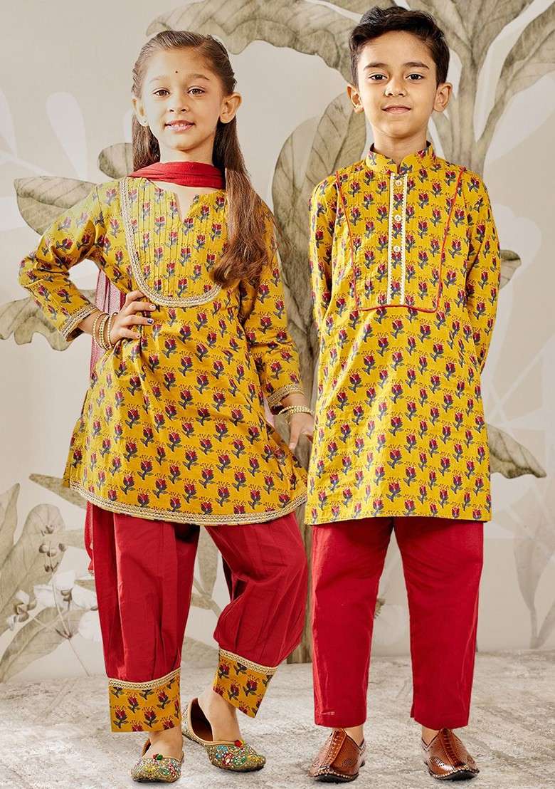Mustard Printed Cotton Kurta Set For Boys - Indya