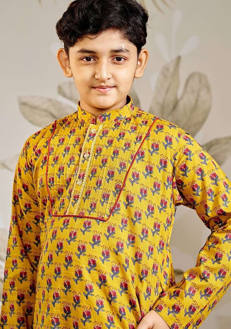 Mustard Printed Cotton Kurta Set For Boys - Indya