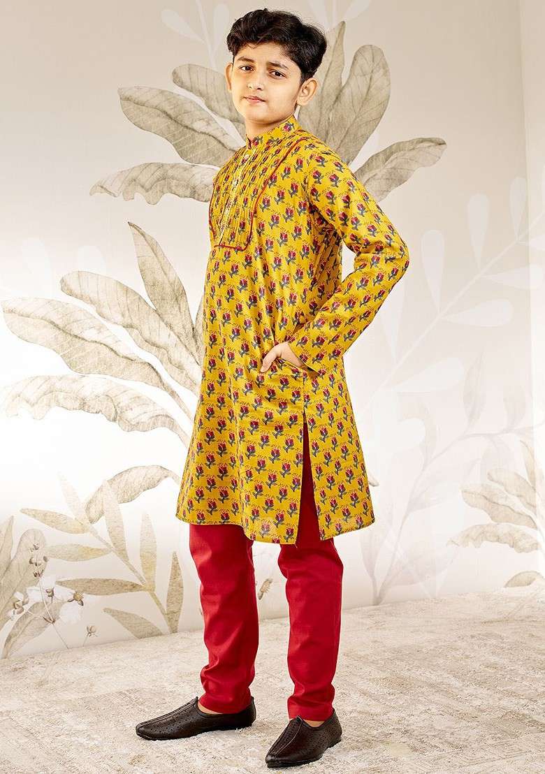 Mustard Printed Cotton Kurta Set For Boys - Indya