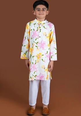 White Printed Cotton Kurta Set For Boys
