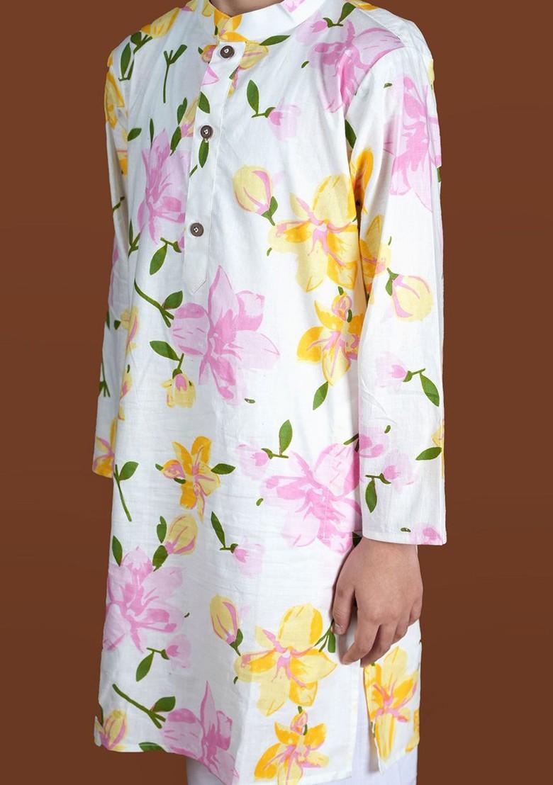 White Printed Cotton Kurta Set For Boys - Indya