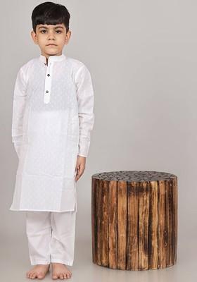 White Embroidered Cotton Kurta Set For Boys
