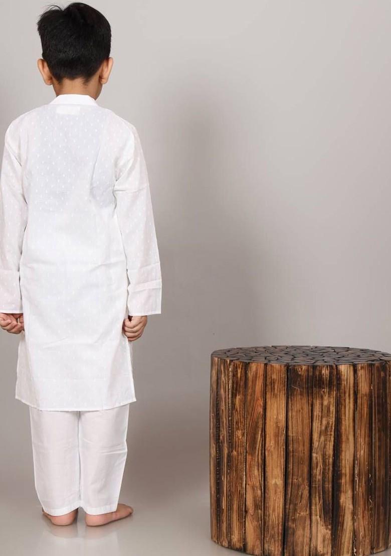 White Embroidered Cotton Kurta Set For Boys - Indya