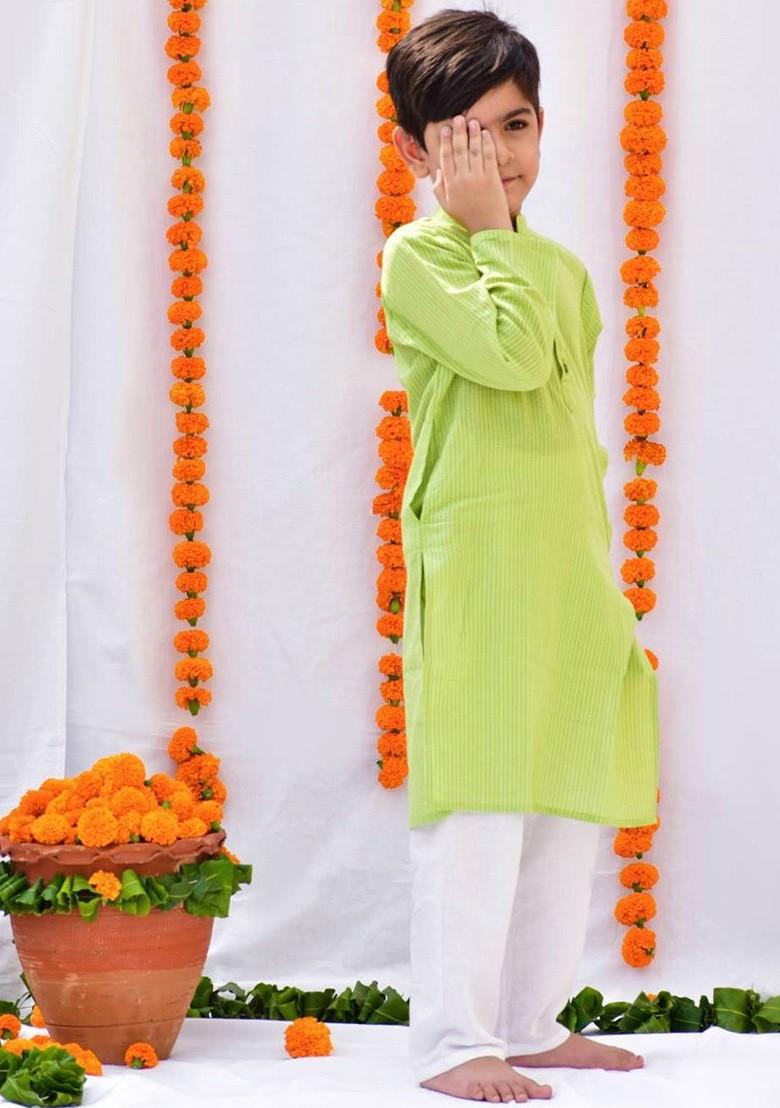 Green Embroidered Cotton Nehru Jacket Set For Boys - Indya