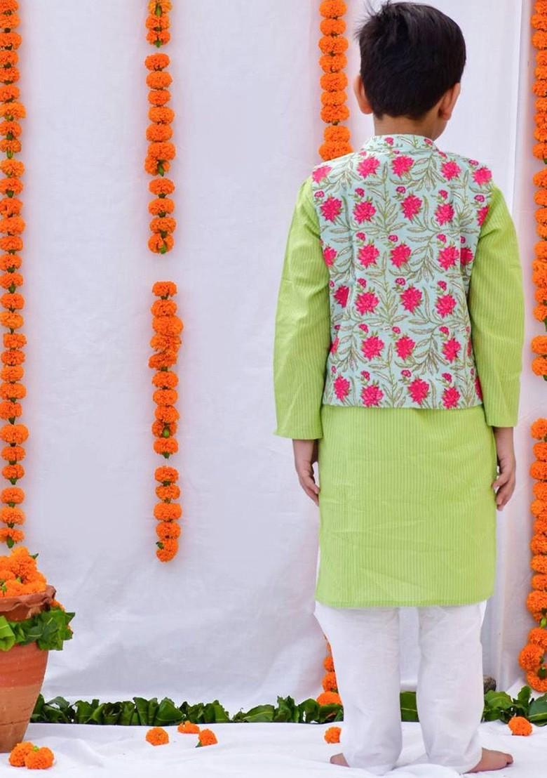 Green Embroidered Cotton Nehru Jacket Set For Boys - Indya
