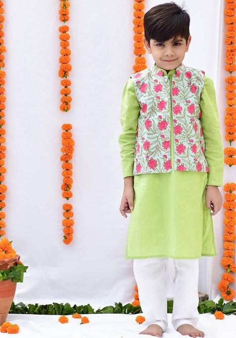 Green Embroidered Cotton Nehru Jacket Set For Boys — view on Indya