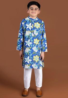 Blue Printed Blended Kurta Set For Boys