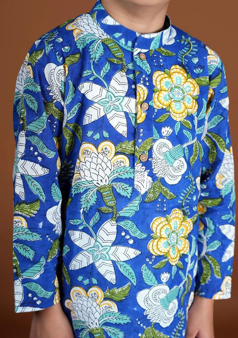 Blue Printed Blended Kurta Set For Boys - Indya