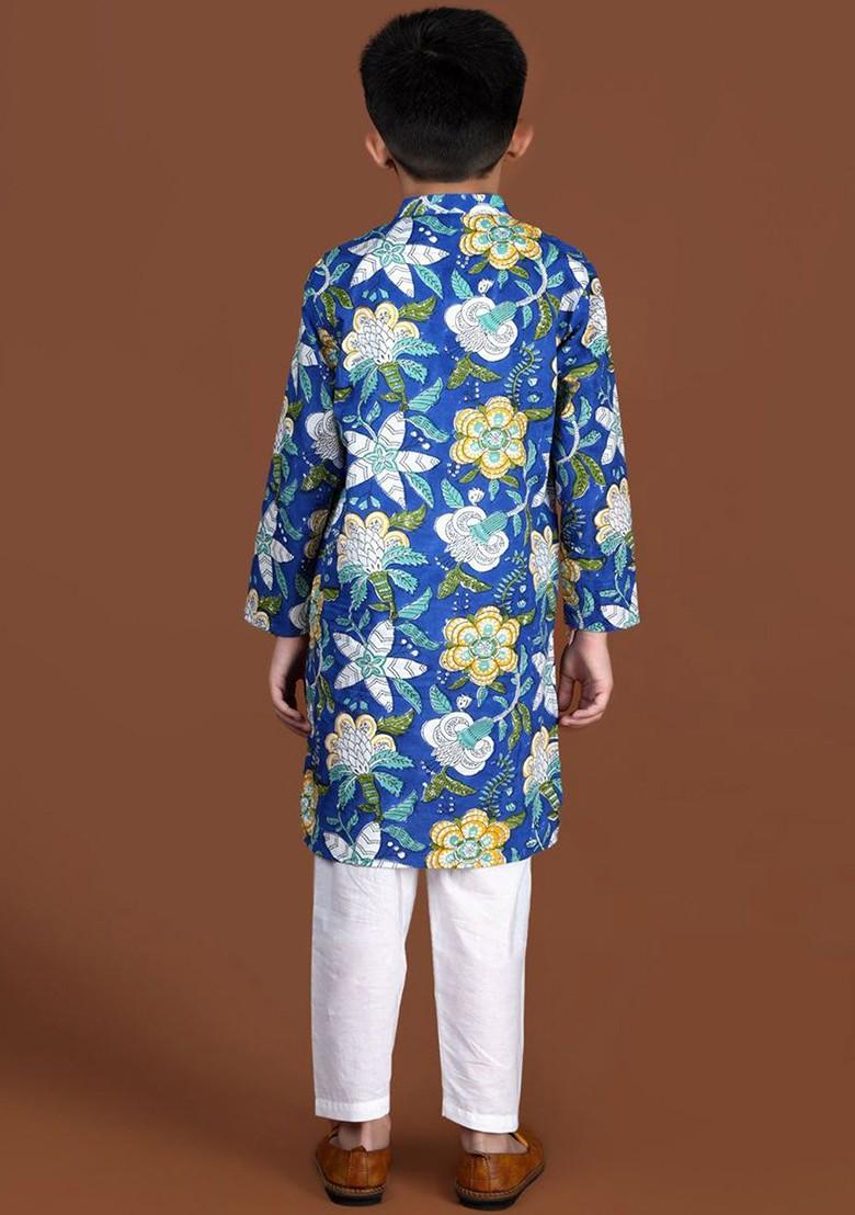 Blue Printed Blended Kurta Set For Boys - Indya
