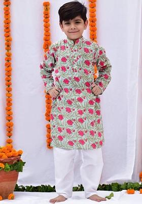 Green Printed Cotton Kurta Set For Boys