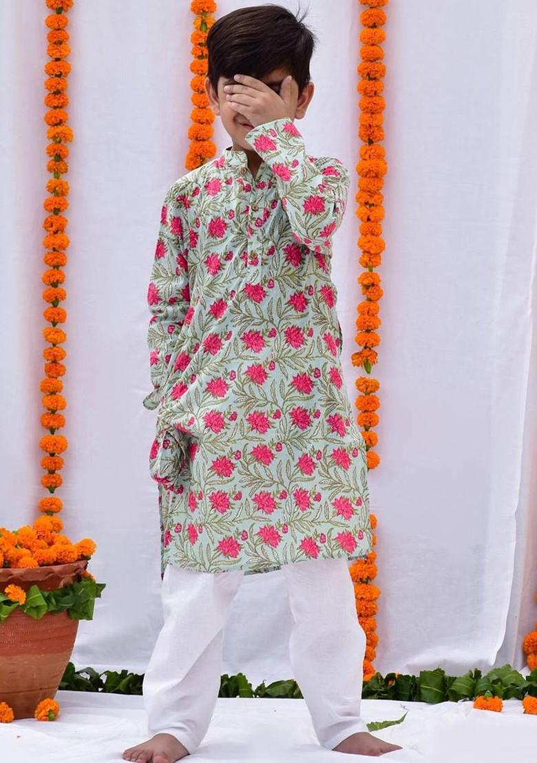 Green Printed Cotton Kurta Set For Boys - Indya