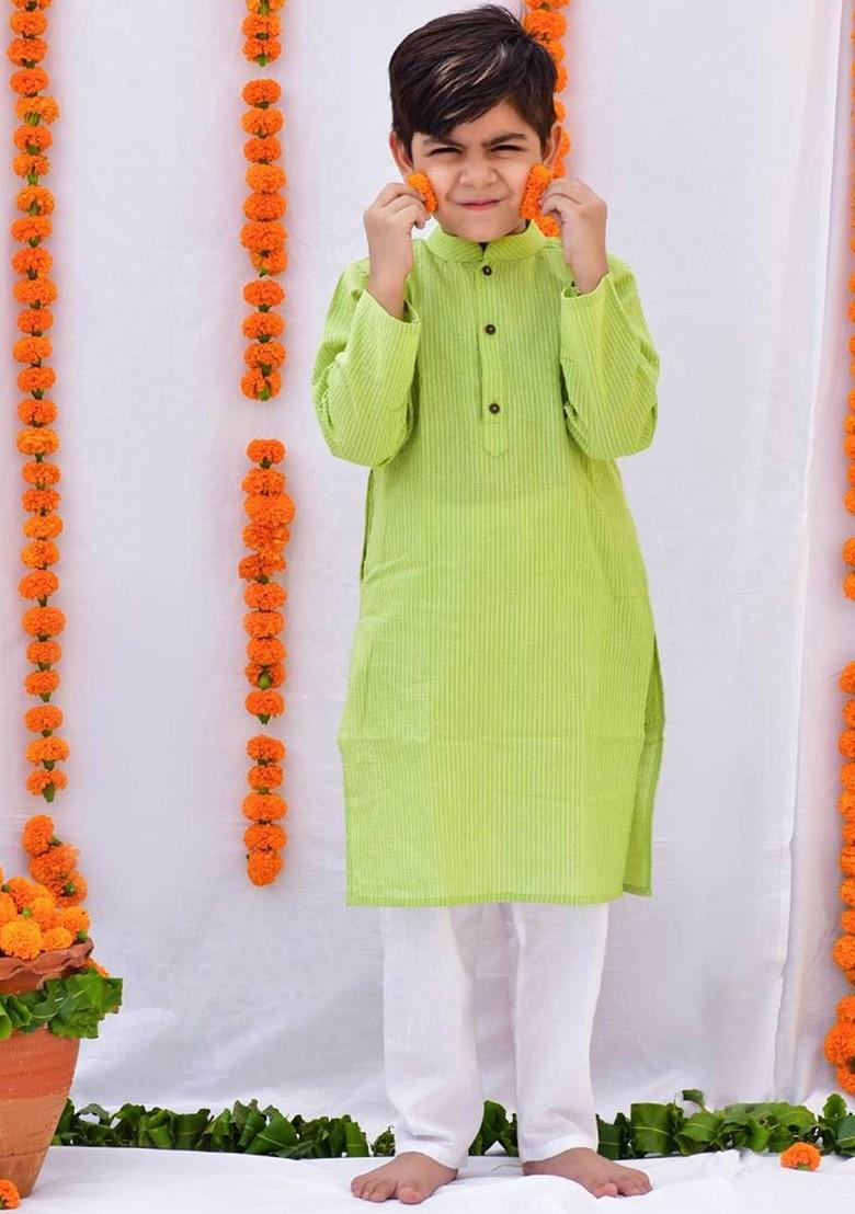 Green Solid Cotton Kurta Set For Boys - Indya
