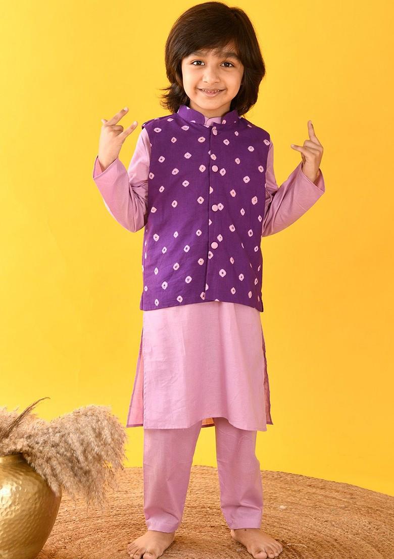 Lavender Solid Cotton Nehru Jacket Set For Boys - Indya