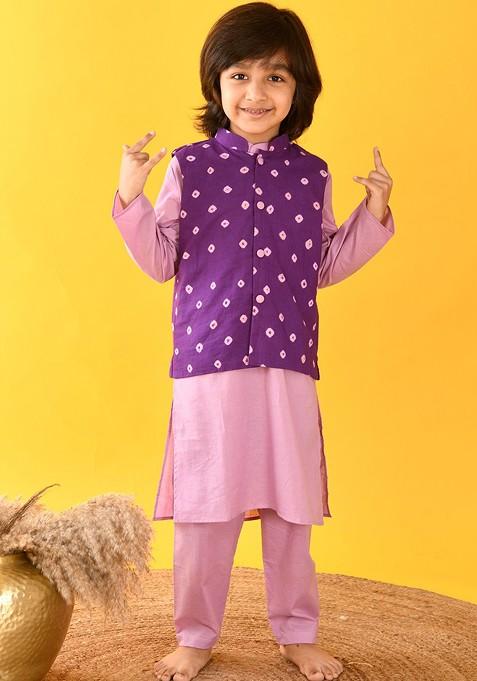 Lavender Solid Cotton Nehru Jacket Set For Boys