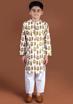 White Printed Cotton Kurta Set For Boys