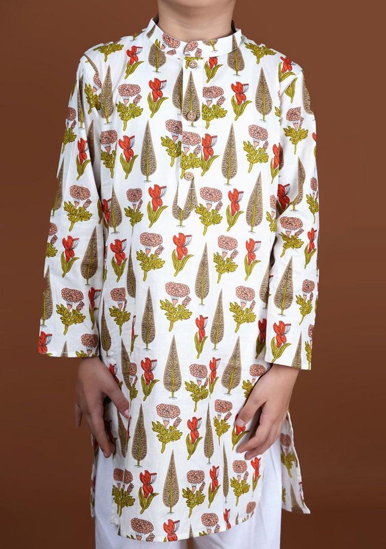 White Printed Cotton Kurta Set For Boys - Indya