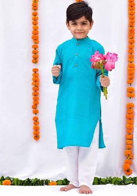 Turquoise Blue Striped Cotton Kurta Set For Boys