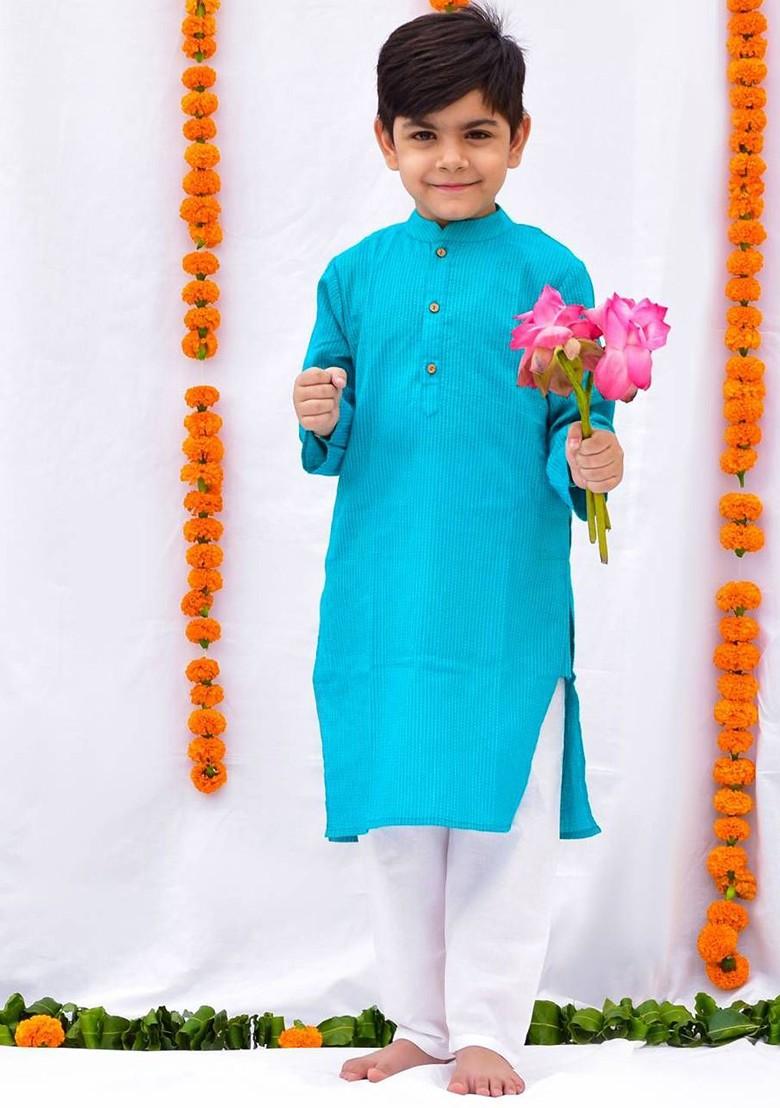 Turquoise Blue Striped Cotton Kurta Set For Boys - Indya