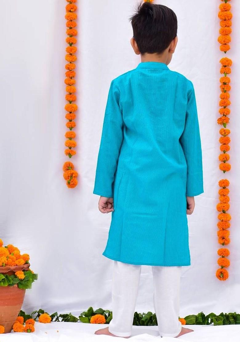 Turquoise Blue Striped Cotton Kurta Set For Boys - Indya