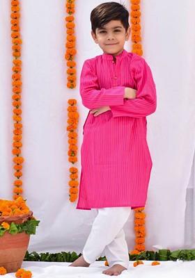 Pink Striped Cotton Kurta Set For Boys