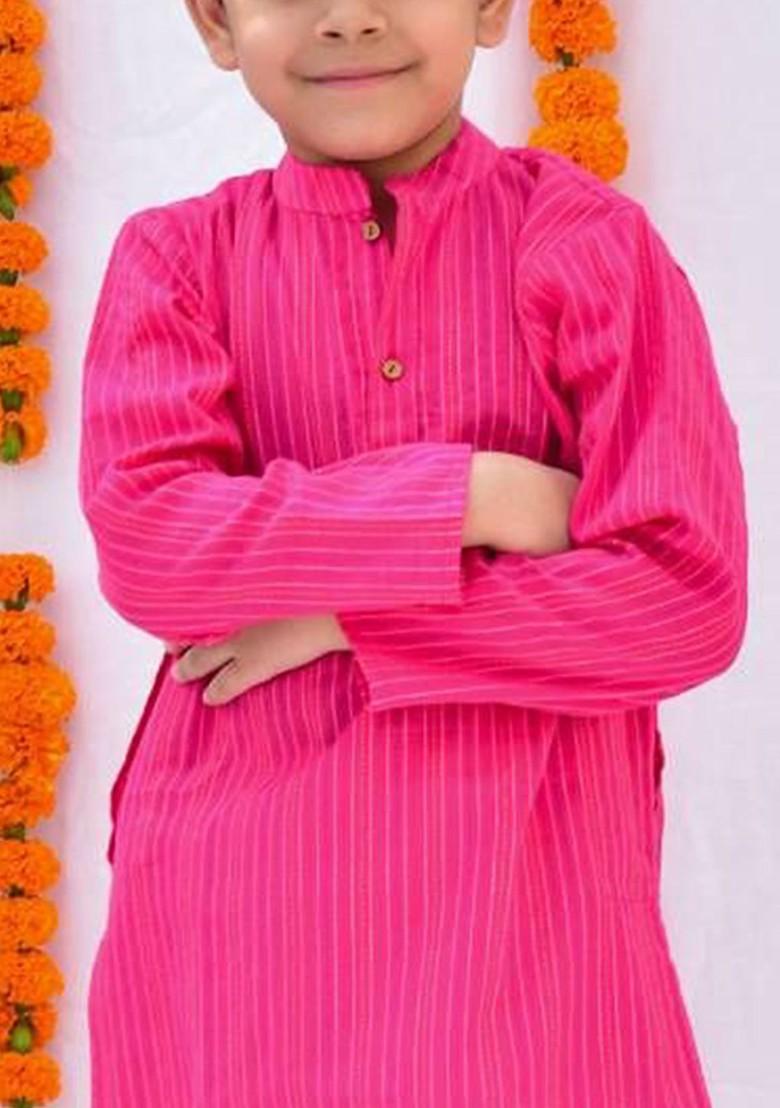 Pink Striped Cotton Kurta Set For Boys - Indya