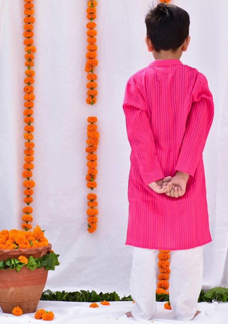 Pink Striped Cotton Kurta Set For Boys - Indya