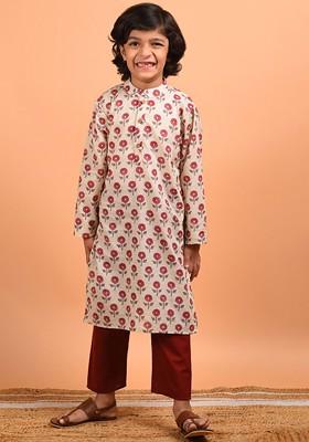 Beige Printed Cotton Kurta Set For Boys