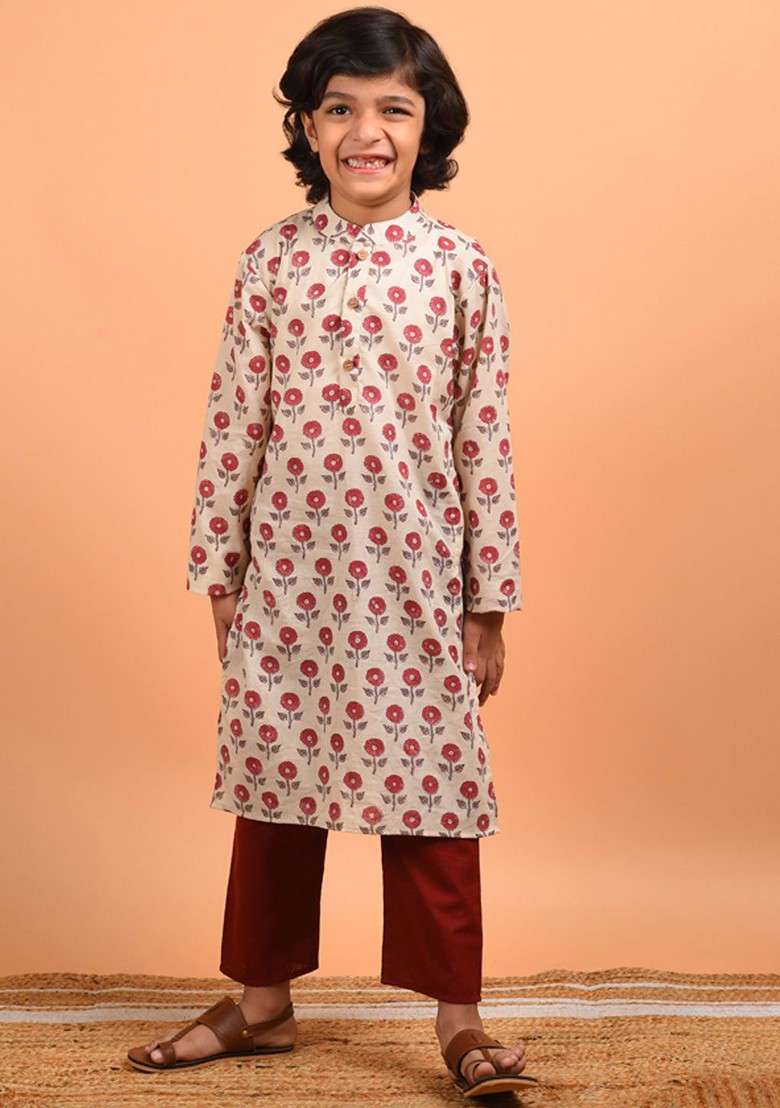 Beige Printed Cotton Kurta Set For Boys - Indya