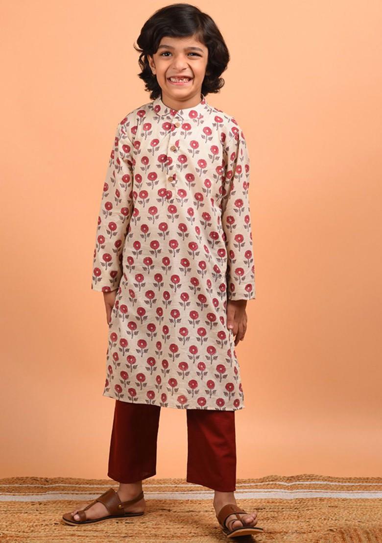 Beige Printed Cotton Kurta Set For Boys - Indya