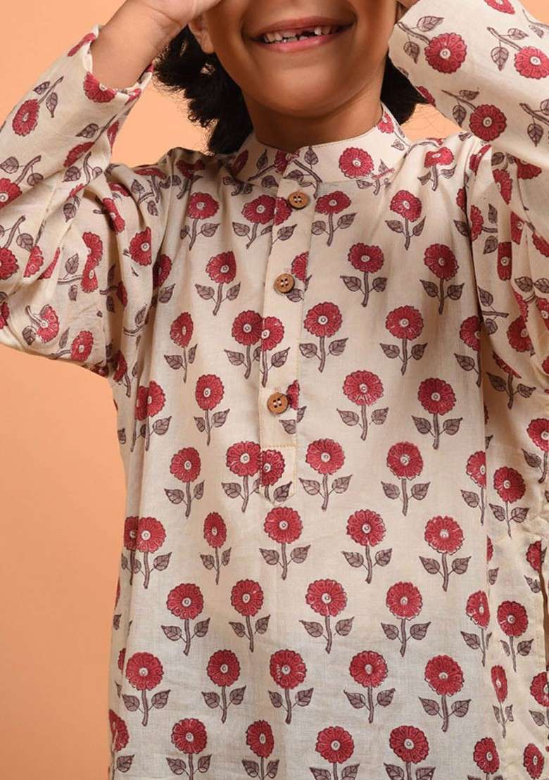 Beige Printed Cotton Kurta Set For Boys - Indya